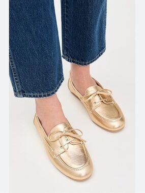 Stuart Weitzman gold Tinsley moccasin worn once inside